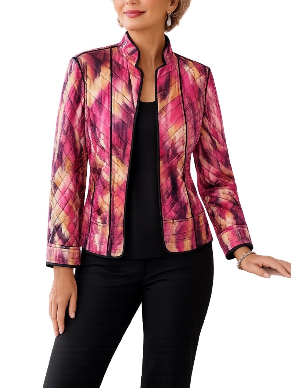 Chico's Reversible Quilted "Callie" Hyper Pink Abstract Jacket Sz 2 / L